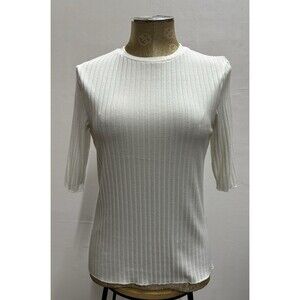 Zara women size Large cream white rib knit 1/2 sleeves  stretch sweater